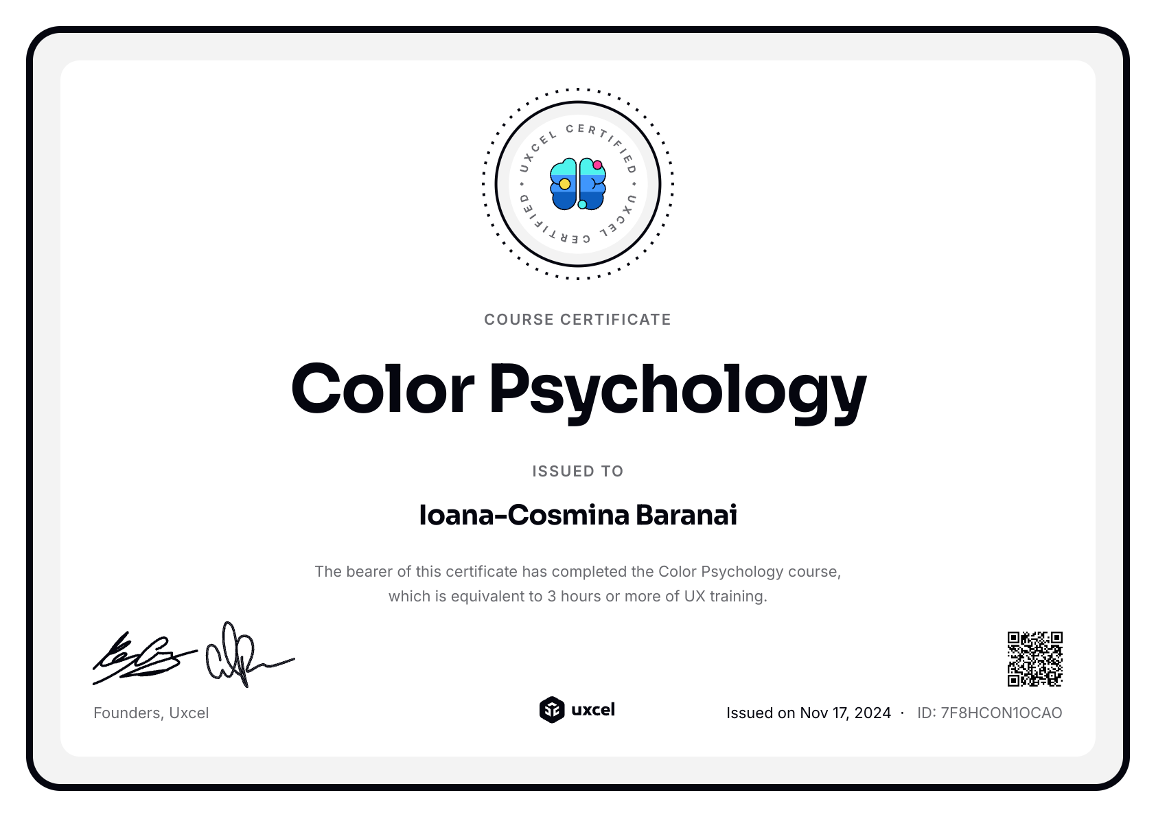 Ioana-Cosmina Baranai's certificate